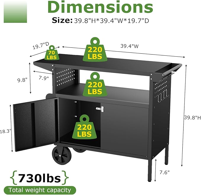 Outdoor Grill Table,Metal Grill Cart with Storage,Outdoor Bar Cart with Extension Plnel for Kitchen Prep,Patio BBQ