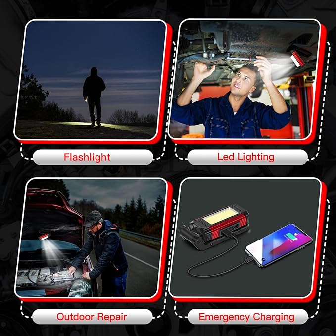 YiaMia Rechargeable LED Magnetic Work Light 2 Pack, Portable Tool Gifts for Men, 7 Flashlight Modes with Kickstand and Carabiner, USB Charging for Camping, Hunting, and Car Repairs (2, Red)
