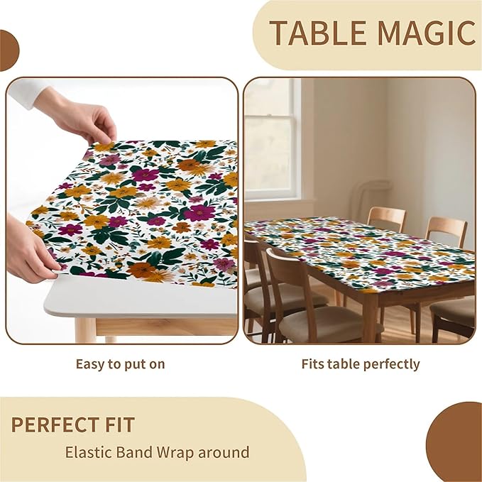 Rectangle Table Cloth Cover Waterproof Elastic Fitted Polyester Fitted Tablecloths for 4 Foot Tables for Indoor,Picnic, Camping, Outdoor （48" x 30"，Floral Print）