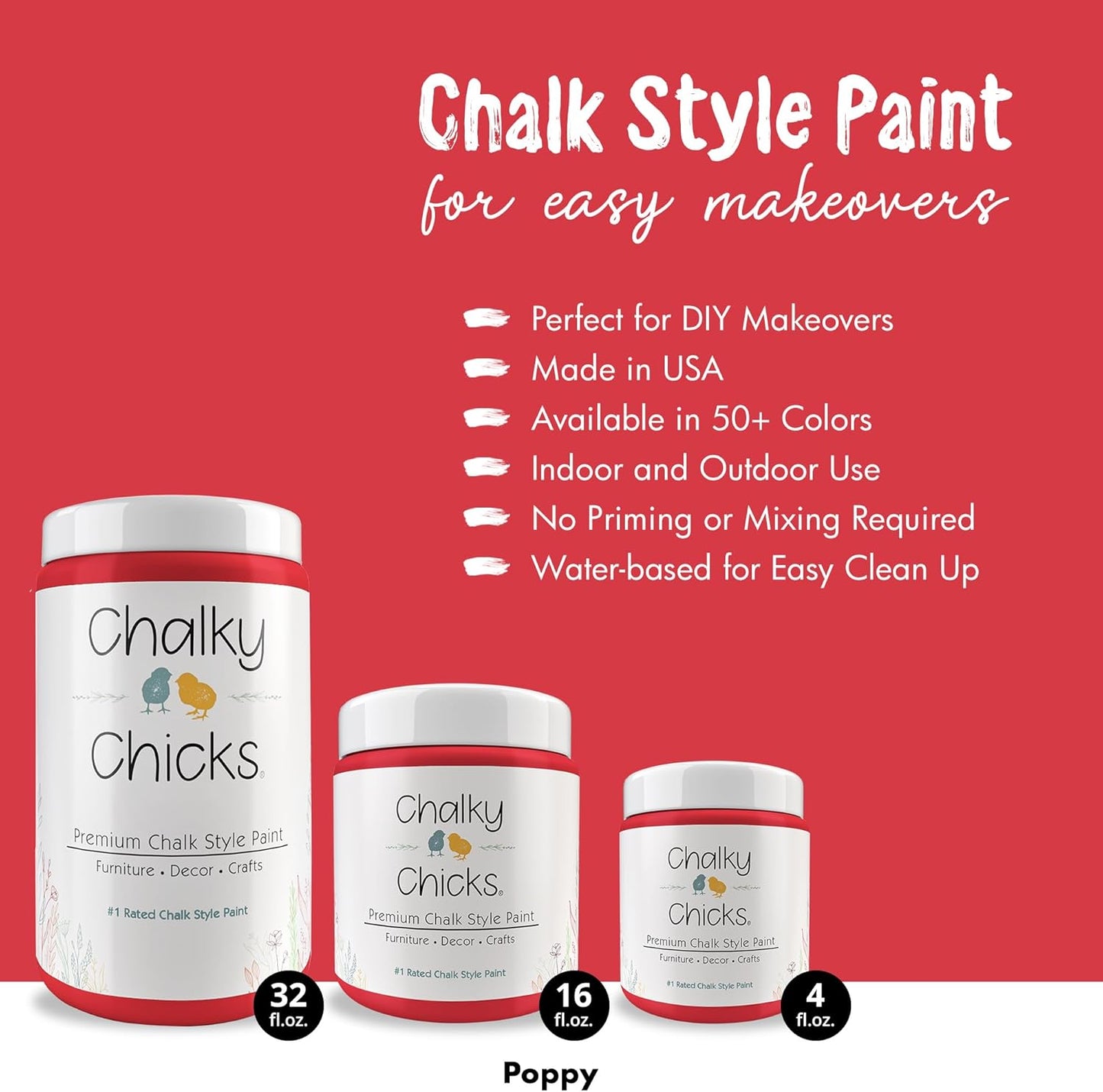 Chalky Chicks All-in-One Chalk Paint for Furniture or Cabinet - 32 Fl Oz - Matte Finish Poppy (Deep Red-Pink) for Metal, Wood Furniture Paint - No Sanding All-in-One for Home Decor & Crafts, USA Made