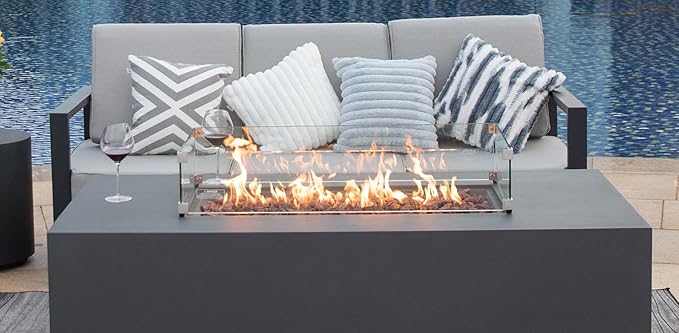 AMS Fireplace | Rectangular Fire Pit Glass Wind Guard for Sedona Fire Pit Table (Light Gray) | Protects Your Fire Table from Patio Heater Flames | Tempered Glass with Polished Edges for Safety