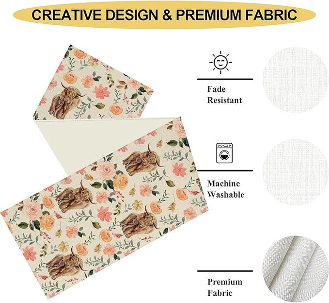 Cow Table Runner, Rustic Farmhouse Pink Floral Flower Spring Summer Yak Leaves Seasonal Coffee Table Center Decor for Home Kitchen Dining Patio Holiday Party Indoor Outdoor Table Decorations, 13"x90"