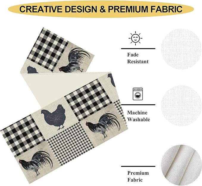 Farmhouse Rooster Table Runner, Vintage Rooster Retro Farmhouse Country Chicken Buffalo Checked Coffee Table Center Decor for Home Kitchen Dining Patio Holiday Party Table Decorations 13"x72"