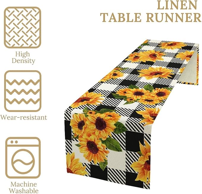 Yellow Sunflower Table Runner, Vintage Farmhouse Black White Sunshine Sunflowers Print for Autumn Farmhouse Home Kitchen Table Decoration,13x70inch