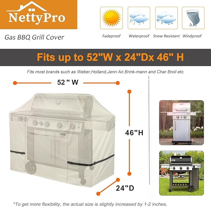 NettyPro Gas BBQ Grill Cover 52 Inch Waterproof 600D Heavy Duty Outdoor Barbecue Cover for Weber, Char-Broil, Brinkmann, Nexgrill Grills and More, Light Tan