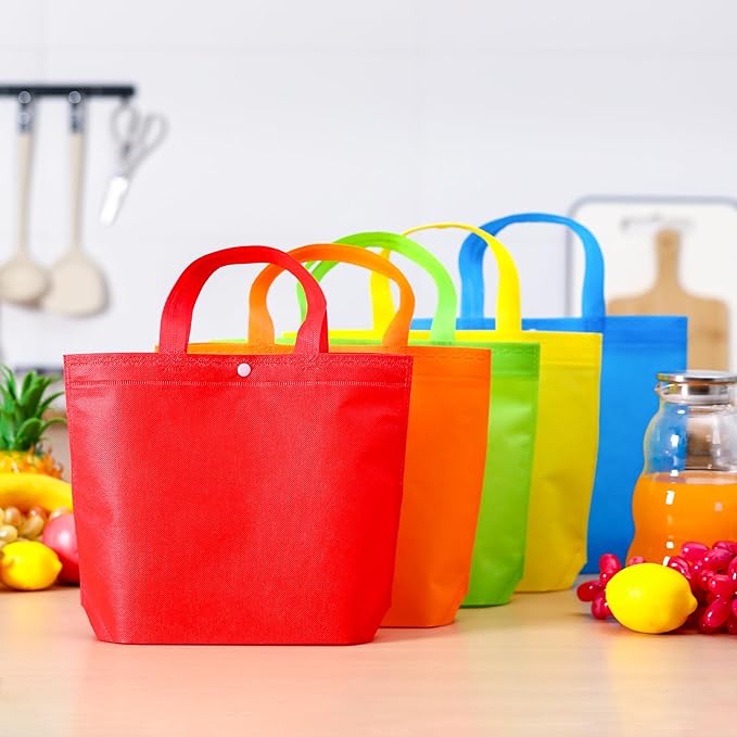 Paterr 150 Pcs Reusable Grocery Bags Bulk Large Grocery Shopping Tote with Handle Multicolor Non Woven Portable Tote Foldable Gift Bag with Button, 14.96 x 12.6 x 3.94 inches