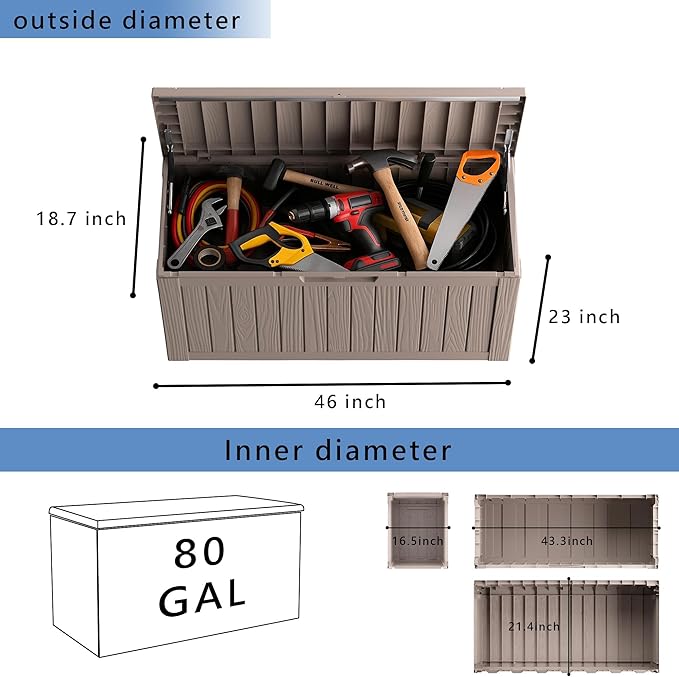 80 Gallon Waterproof Resin Deck Box, UV Resistant Outdoor Storage for Garden, Patio, Porch, Delivery（Black，80 Gallon）