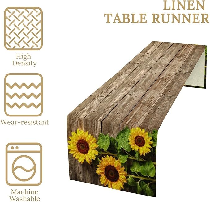 Sunflower Floral Table Runner, Country Farmhouse Vintage Spring Flower Rustic Wooden Plank Kitchen Dining Table Decoration for Indoor Outdoor Home Party Decor, 13x36inch