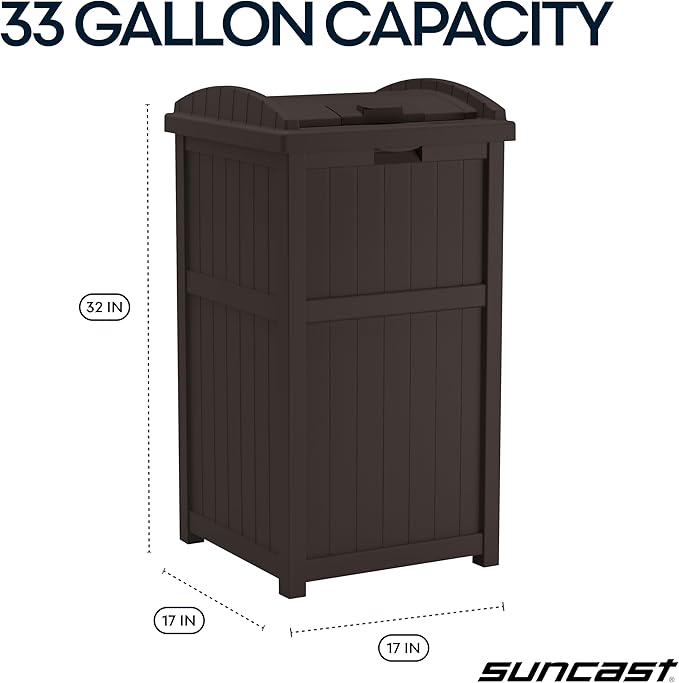 Suncast 33 Gallon Durable Plastic Hideaway Outdoor Garbage Can with Secure Lid and Wicker Design for Home Backyards, Decks, or Patios, Java Brown