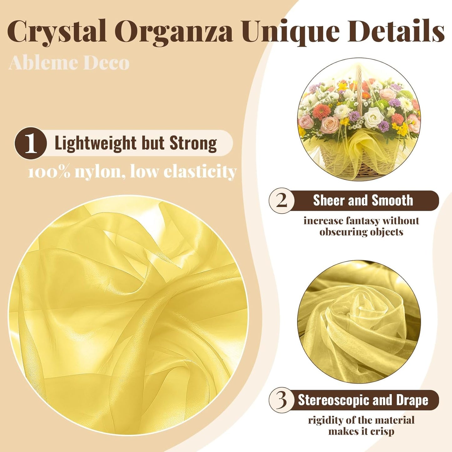 Organza Fabric by The Yard, 60 Inch Wide 3 Yards (9 ft) Long Sheer Fabric for DIY Sewing Projects Wedding Decorations Party Backdrops Curtains (Antique Gold)