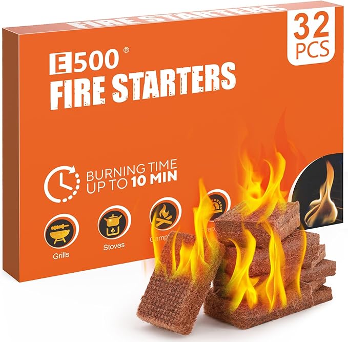 E500 Fire Starter, Fire Starters Squares for BBQ, Campfire, Fireplace, Wood Stove, Chimney, Fire Pit, Grill, 32 Cubes Large Firestarter for Indoor Outdoor Use, Natural Pine Charcoal Starter