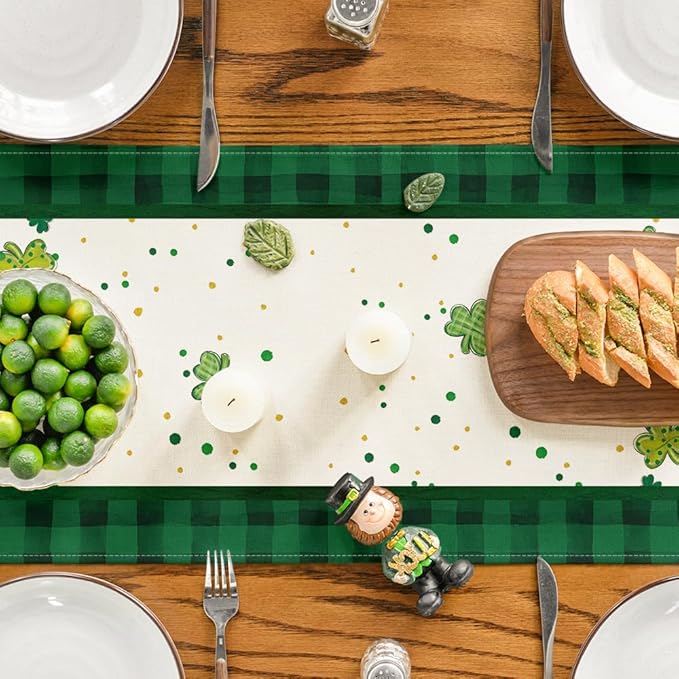 Artoid Mode Shamrock Buffalo Plaid Gnomes Lucky St. Patrick's Day Table Runner, Kitchen Dining Table Decor for Outdoor Home Party Decor 13 x 90 Inch