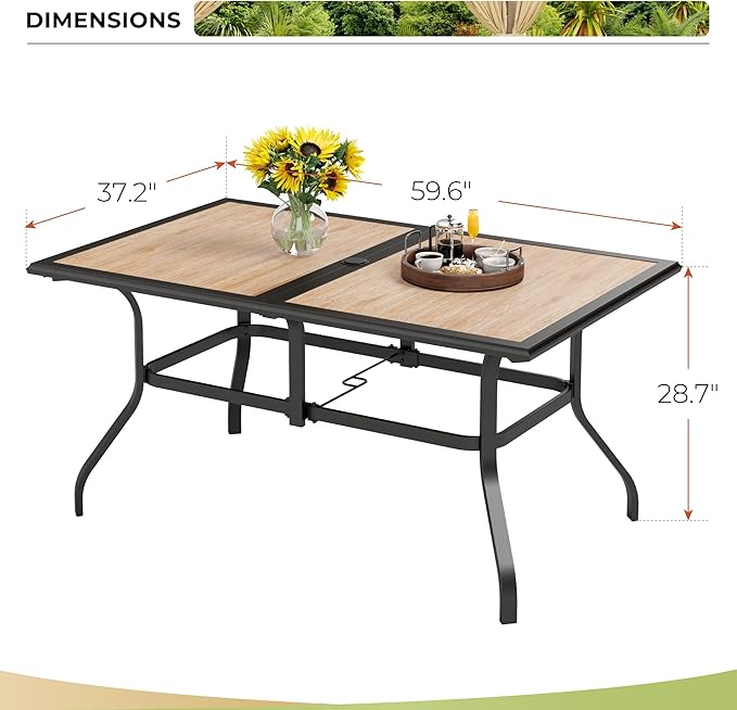 Outdoor Patio Dining Table for 6, 60" x 37" Rectangular Metal Patio Dining Table with Umbrella Hole and Faux Wood Tabletop, All Weather Wrought Iron Black Outdoor Table for Backyard and Porch