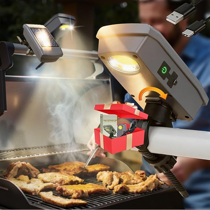 Solar/USB-C Grill Lights for Outdoor Grill Compatible with Blackstone/Weber/Big Green Egg - Rechargeable LED Work Light - Valentines Gifts for Him Men Husband Boyfriend Dad Adults - BBQ Accessories