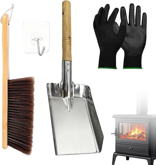 Fireplace Ash Shovel and Brush Set, with Insulated Gloves. Fireplace Tools Set with Shovel, Broom - for Fireplaces, Wood Stoves 37 * 10CM 14.57 * 3.94"