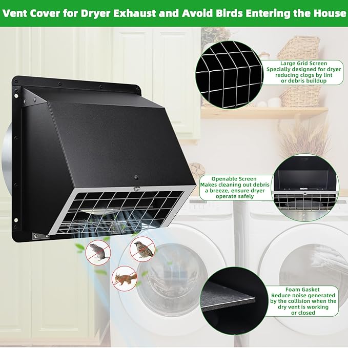 Dryer Vent Cover Outside 6" Vent Cover Exterior Wall Vent Hood Outlet,Wall Mount Extractor Vent with Screen&Cushioned Flap,Outdoor Dryer Exhaust Vent Cover Cap for Range Hood Duct HVAC Ventilation
