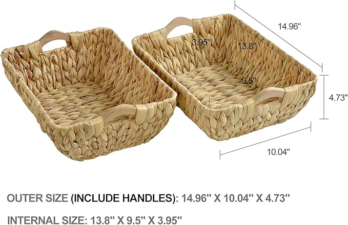 FairyHaus Wicker Baskets with Handles, Natural Wicker Basket for Organizing Shelves, Small Hand Woven Water Hyacinth Storage Baskets Set of 2, 14.96x10.04x4.73