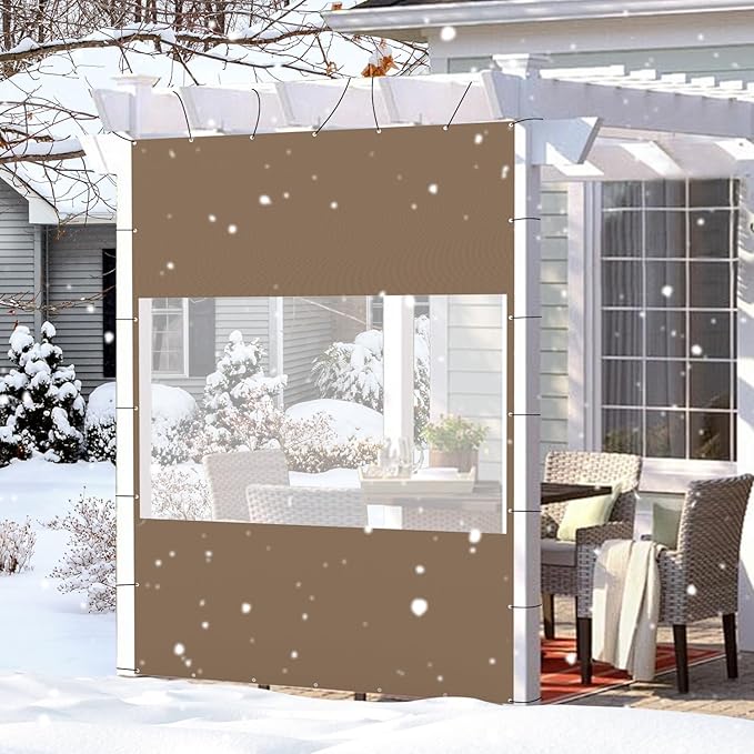 Domi Heavy Duty Outdoor Clear Panel Curtain, 18 oz Waterproof PVC Polyester Curtain, Weather Resistant & Tearproof for Patios, Gazebos, Pergolas, Privacy Screen (8'H x 7'W, Brown)