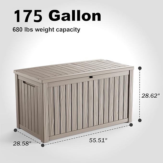 175 Gallon Large Deck Box,Resin Outdoor Storage Box with Lockable for Patio Furniture, Garden Tools Waterproof Outside Storage Box, Grey