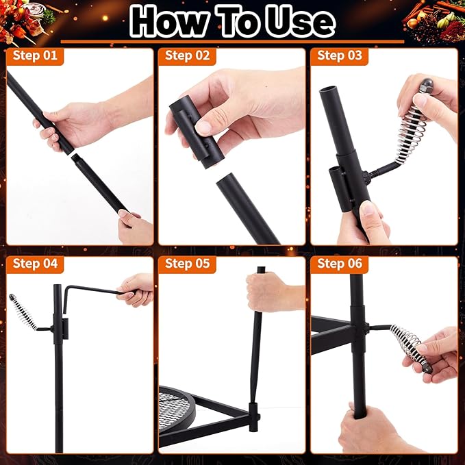 24" Fire Pit Campfire Grill Grate, 24" Foldable Open Fire Cooking Grill Portable Camping Cooking Barbecue Rack Heavy-duty, Easy Setup & Adjustable Height for Outdoor Camping BBQ