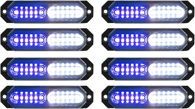 ASPL 8pcs Sync Feature Ultra Slim 12-LED Surface Mount Flashing Strobe Lights for Truck Car Vehicle LED Mini Grille Light Head Emergency Beacon Hazard Warning Lights (Blue/White)