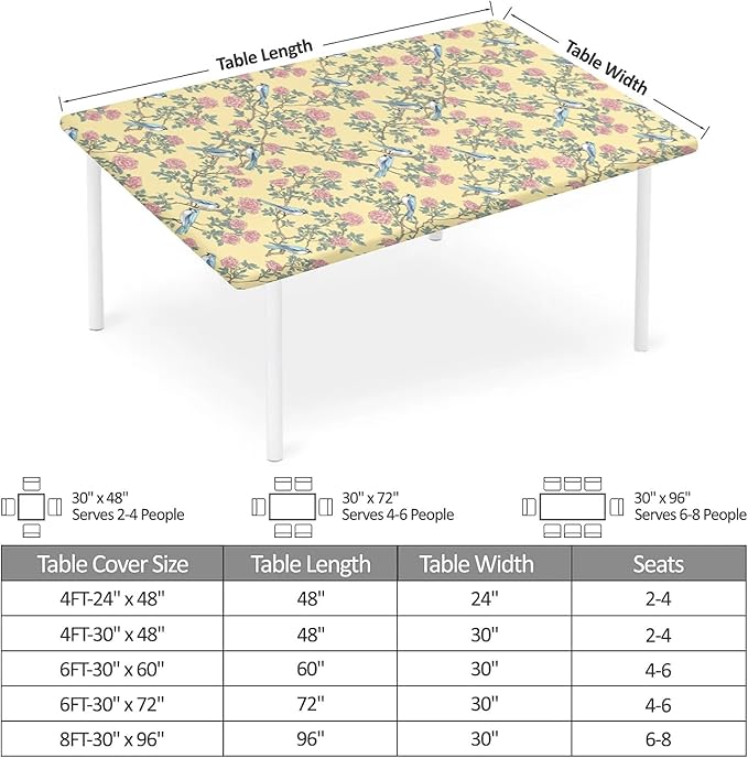 Rectangle Table Cloth Cover Waterproof Elastic Fitted Polyester Fitted Tablecloths for 8 Foot Tables for Indoor,Picnic, Camping, Outdoor （96" x 30"，Bird）