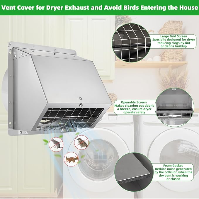 Dryer Vent Cover Outside 6 Inch Wall Vent,304 Stainless Steel Exhaust Vent Cover,External Extractor Wall Vent Cap with Mesh & Cushioned Flap,Exterior Vent Hood Outlet Air Vent for Range Hood Duct HVAC
