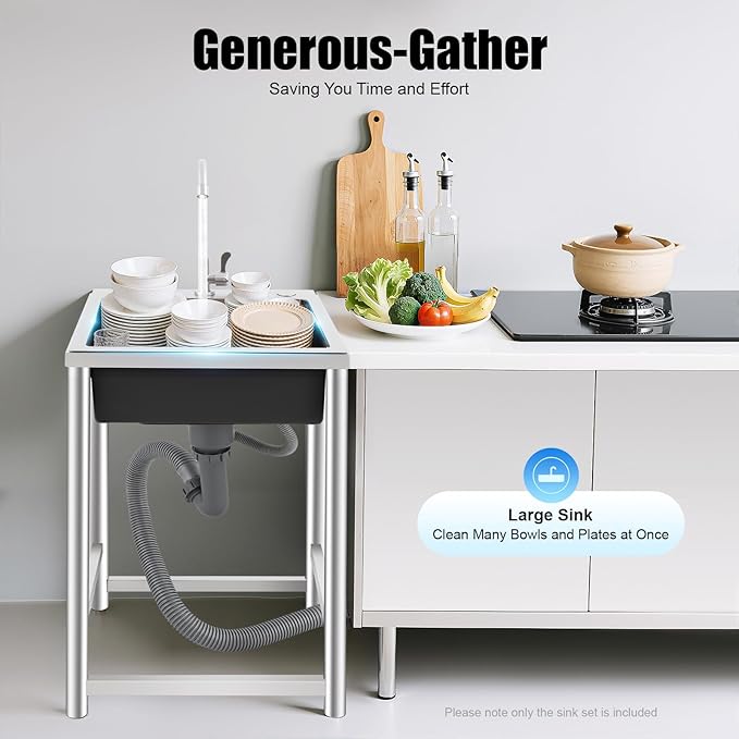 Free Standing Single Bowl Kitchen Sink Commercial, Outdoor Utility Sink Stainless Steel with Water Pipe Faucet Small Portable Sink Hand Wash Station for Garage Garden Backyard (18X16X30in)