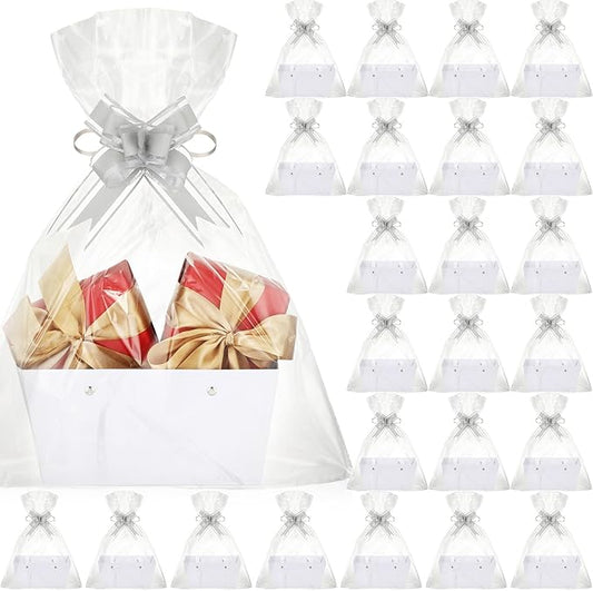 PerKoop 24 Pack Baskets for Gifts Empty Bulk 6.5 x 9.8'' Thick Kraft Gift Basket with Bows and Bags Empty Gift Baskets for Valentine's Day Easter Birthdays Wedding Snacks Farmers Market(White)