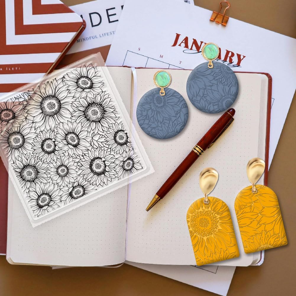 CHGCRAFT Polymer Clay Texture Sheet Sunflower Silicone Texture Stamp Polymer Clay Modeling Pattern Pad for Jewelry Earring Making DIY Craft, 5.5x5.5inch