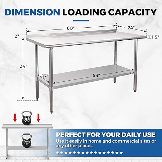 Profeeshaw Stainless Steel Prep Table NSF Commercial Work Table with Backsplash and Undershelf for Kitchen Restaurant 60x24 Inch