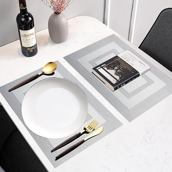 PIGCHCY Placemats Set of 6,Washable Woven Place Mats Vinyl Table Mats Non Slip Placemats Heat Resistant Durable Placemats for Dining Table (Silver Black)