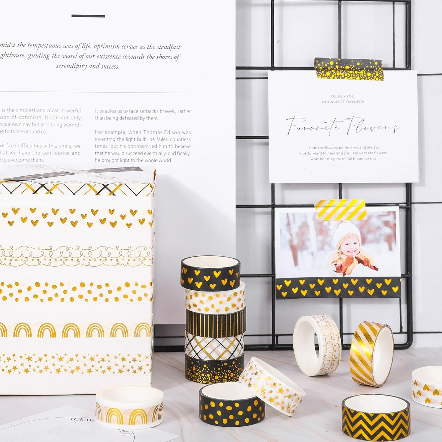 Whaline 12 Rolls Gold Foil Pattern Washi Tape Heart Dot Stripe Rainbow Masking Tape Set Decorative Wrapping Paper Tapes for Scrapbook Journal DIY Art Crafts