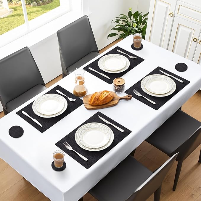 MOSAYT Placemats Set of 8, Heat Resistant Vinyl Place Mats with Coasters, Wipeable Washable 100% Waterproof Oil Proof Faux Leather Table Mats for Kitchen Dining Party Outdoor, 12" x 17", Black