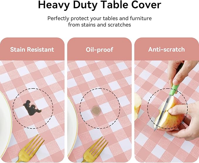 Romanstile Rectangle Vinyl Tablecloth, 100% Waterproof Checkered Plastic Table Cloth, Heavy Duty Buffalo Gingham Table Cover for Dining, Camping, Picnic, Outdoor - 54 x 108 Inch, Light Pink