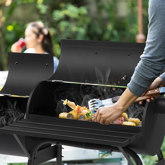 VINGLI Barrel Charcoal Grill with Offset Smoker, Large BBQ Outdoor Smoker Grill with Wheels for Party Garden Patio and Backyard Cooking 44 x 22 x 37 inch