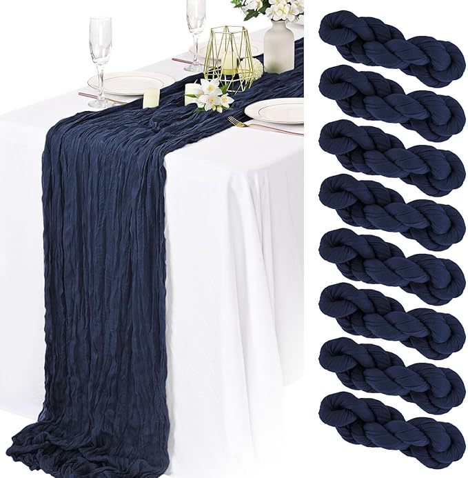 8 Packs Navy Blue Cheesecloth Table Runner 10FT Long Boho Gauze Fabric Table Runner Vintage Rustic Sheer Runners for Wedding Party Bridal Baby Shower Table Decorations