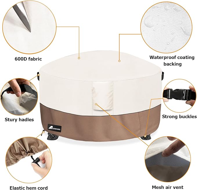 Fire Pit Cover Round 54 Inch Waterproof,Outdoor Heavy Duty Durable 600D Tear-Resistant Fire Pit Table Cover,Patio Round Firepit Cover 54" D x 24" H, Beige