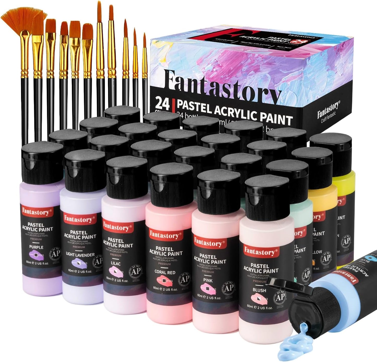Fantastory Pastel Acrylic Paint Set+12 Brushes, 24 x 2oz Pastel Colors Art Craft Paint for Artists, Halloween Decorations, Canvas Ceramic Wood Rock Painting Supplies Kit [Professional Series]