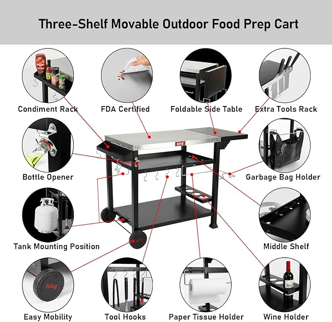 Outdoor Grill Cart, Pizza Oven Table Stand for Outdoor Indoor, 40" x 26" Stainless Steel Tabletop Dining BBQ Grill with Wheels for Food Prep, 3-Shelf Kitchen Cart Table