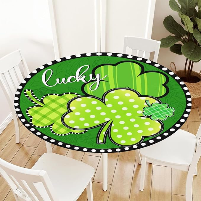 St Patricks Day Round Fitted Tablecloth with Elastic Green Shamrock Lucky Circle Table Cover for 36-40" Tables Spring Clover Wipeable Waterproof Washable Table Cloth for Party Picnic Dining Decor