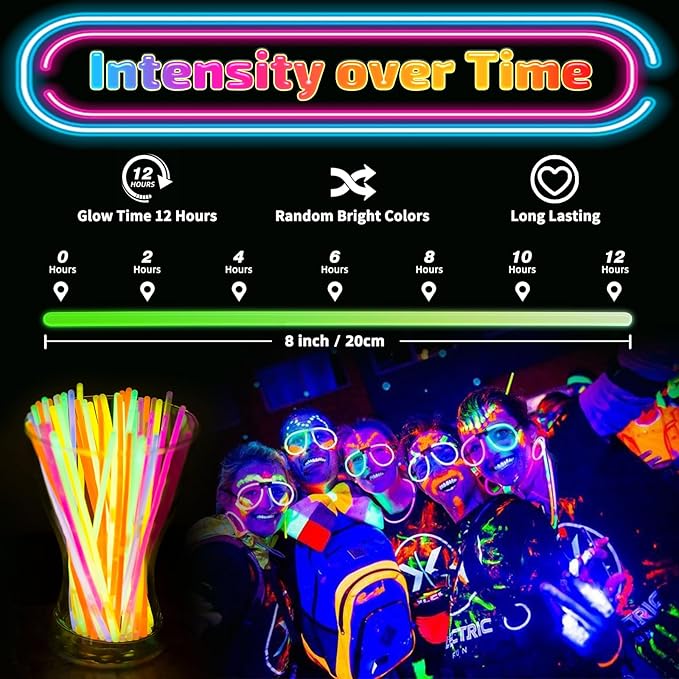 300 Pcs Glow Sticks Bulk Party Pack, 8'' Glow in the Dark Party Supplies, Glow in the Dark Light Up Sticks with Connectors, Party Favors for Birthday, Concert, Raves, Halloween, Christmas