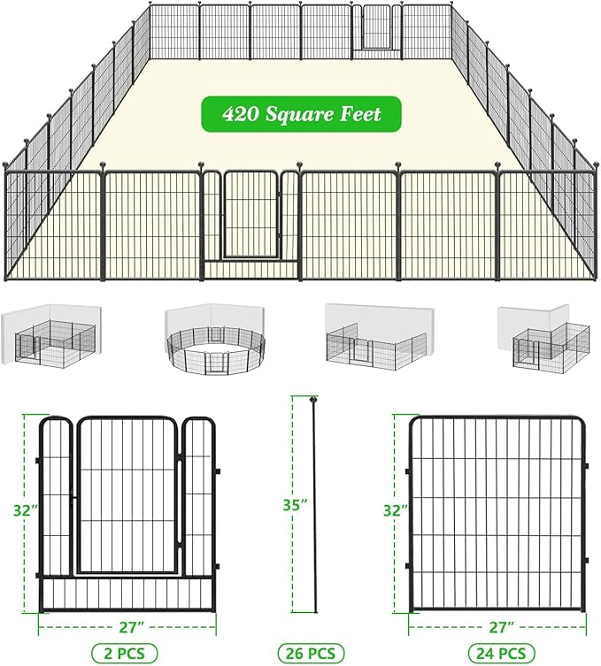Garden Fence with Gate Metal Fencing Outdoor for Yard, 32in x60ft 26 Panels Outdoor Dog Fence Temporary Fence for Dogs Outside, Rustproof Garden Fencing Flower Bed Edging for Patio
