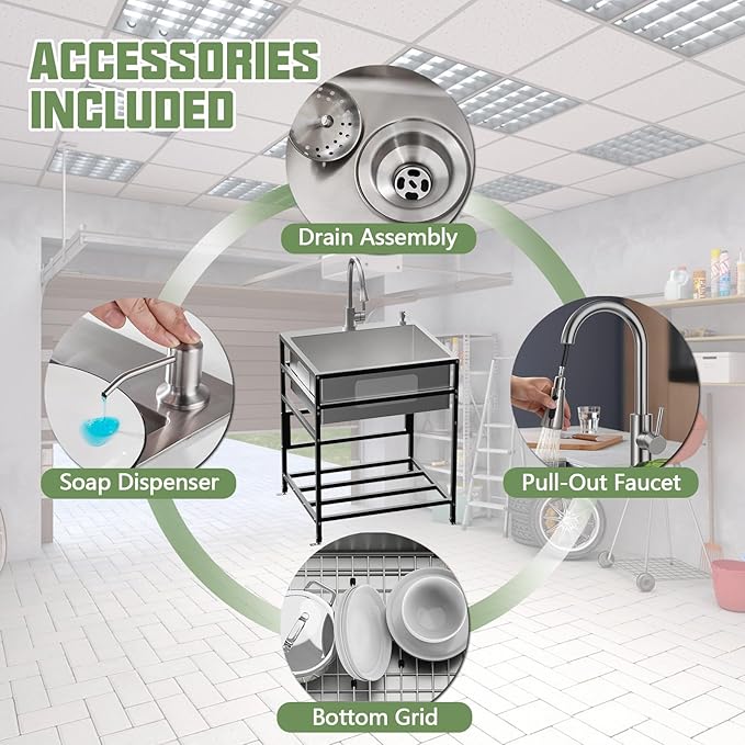 25x22 Inch Stainless Steel Utility Sink-Freestanding Laundry Sink Practicality With Accessories Stainless Functional Faucet,Soap Dispenser, SS Sink Grid For Laundry,Garage,Outdoor Kitchen,Garden...