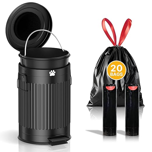 Dog Poop Trash Can Outside, 20L/5Gal Metal Outdoor Trash Can with Lid, Foot Pedal, Dog Waste Container with 20 Bags, Pet Poop Bucket with Soft Close for Backyard Odor Control, Round Black