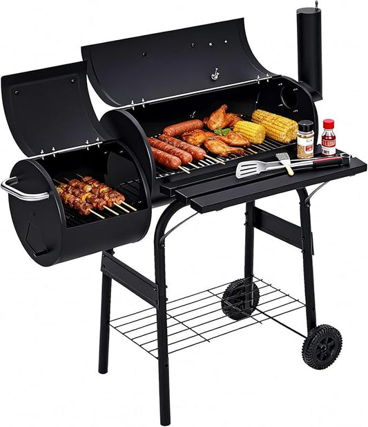 Garvee Charcoal Grills with Offset Smoker, Outdoor BBQ Grill with Handle and Wheels, Barrel Barbecure Smoker Grill Combo for Camping Picnic Patio Backyard Party