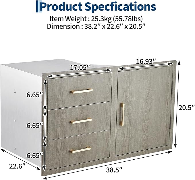 Stainless Steel Outdoor Kitchen Door Drawer Combo 38.2" W x 20.5" H x 22.6" D - Triple Drawers & Access Door, Propane Storage & Adjustable Garbage Ring, Weather-Resistant Flush Mount