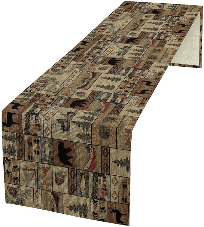 Wildlife Bear Table Runner, Rustic Cabin Animal Farmhouse Table Runner for Home Kitchen Dining Table Party Home 13x60in