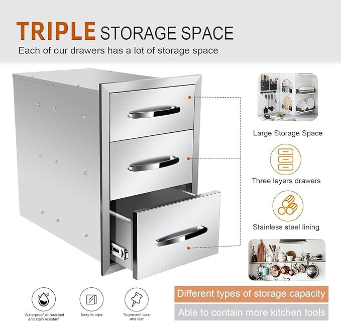 Outdoor Kitchen Drawers, Box Frame Style Flush Mount BBQ Drawer w/Stainless Steel Handle, BBQ Island Drawers For Patio Grill Station,Three Drawers