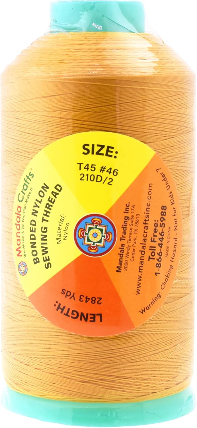 Mandala Crafts Bonded Nylon Thread Gold Heavy Duty Sewing Threads - 2843 YDs Size 46 210D T45 Tex 45 Thread for Leather Jeans Weaving Outdoor Marine Upholstery Threads